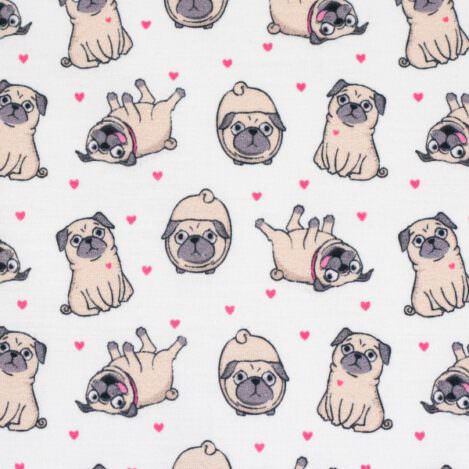 Baumwolle "Kim Mops" weiß, Hund, Ökotex 100, Bienenwachstuch, Hemden, Kleider