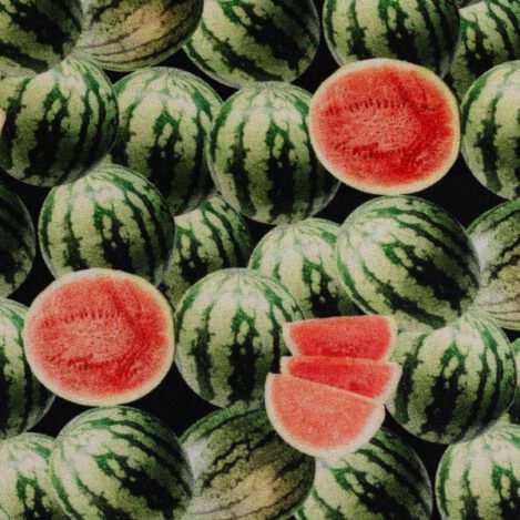 Baumwolle "Yummy Food Wassermelone", grün, Ökotex 100. Für Tischwäsche, Kissen, Blusen, Shorts, Kleider.