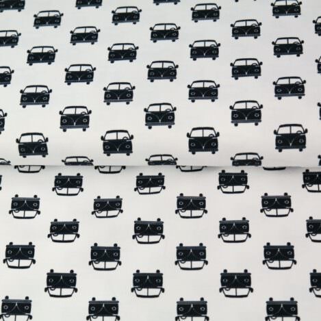 Jersey "VW Bus" weiß, Stenzo, Camper, Bully, Urlaub, Ferien, Ökotex 100. Elastischer Stoff für T-Shirts, Kleider und Hosen.