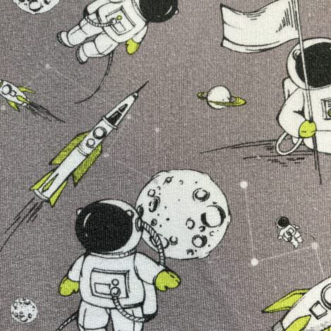 Jersey "To the Moon", grau, Astronaut, Raumfahrer, Kosmos. Elastischer Stoff für T-Shirts, weich fallende Kleider und Hosen.