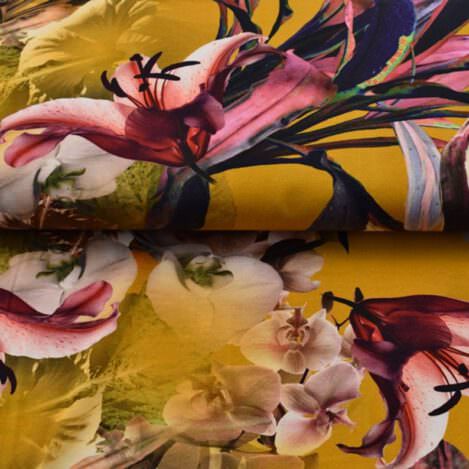 Jersey "Orchideen", senfgelb, Fotoprint, Blumen, Baumwolle, 210gr/m2