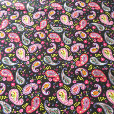 Baumwolle "Flamingo Fantastico",schwarz,  Boho, Caravan, Wohnwagen, Paisley, Hippie, Feder, Rose, 100% Baumwolle