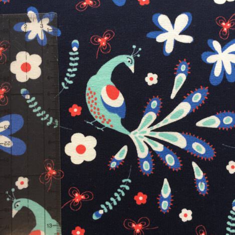 Jersey "Paradiesvogel", blau,Evelyn Lisi, Pfau, Blumen,Baumwolle, 210gr/m2