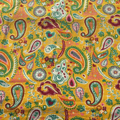 Sommersweat "Bohemian yellow" , gelb, French Terry, Paisley, Flower Power, Hippie, Boho, Baumwolle, 240gr/m2