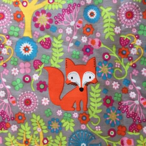 Baumwolle "Fuchs im Wald", grau, Fox, Bäume, Pflanzen, Blumen, 100% Baumwolle