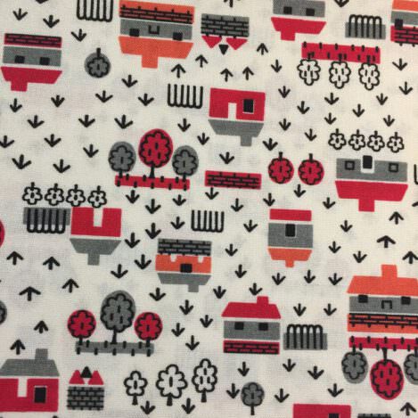 Baumwolle "Retro Minis Home", natur, Häuser, Bäume, Vorstadt, 100% Baumwolle