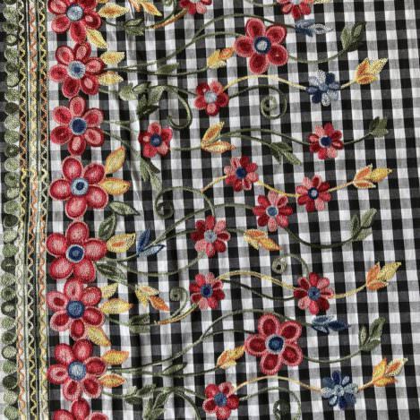 Baumwolle " Blumenwiese", bestickt, Karo, schwarz, 100% Baumwolle, 165gr/m2