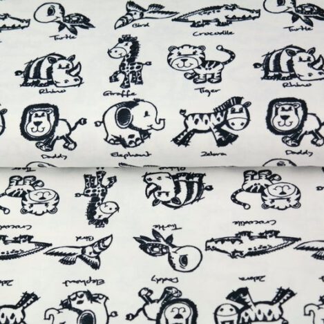 Jersey "Kleine Tiere", weiß, Tiger, Zebra, Rhinozeros, Krokodil, Schildkröte, Vogel, Elefant, Löwe, Giraffe,Stenzo, Ökotex 100