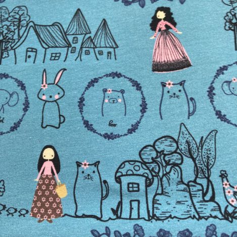 Jersey "Mädchen auf dem Land" blau, Katze, Hase, Dorf, Bär, Elefant, Huhn, Märchen, Ökotex 100