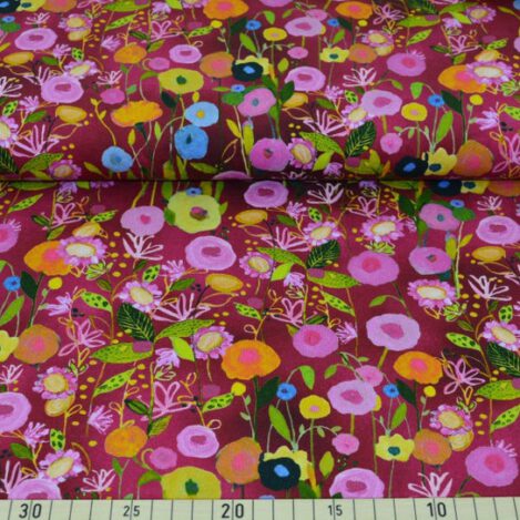 French Terry, "Floral Garden" ,rot,  Sommersweat, Jersey, Blumenstoff, Frottee, 240gr/m2, Ökotex 100