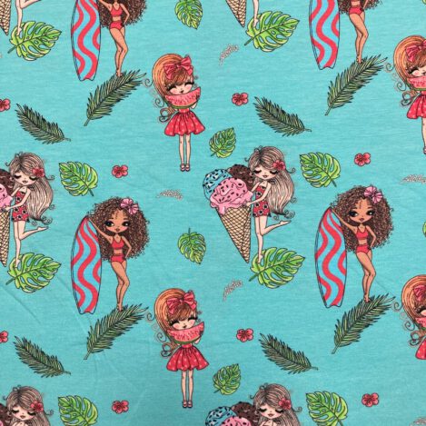 Jersey "Sommergirl", türkis, Eis, Melone, Surfbrett, Aloha, Hibiskus, Palme, Ökotex 100