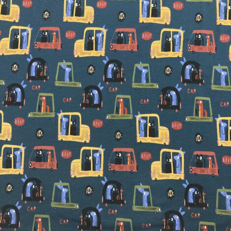 Jersey "Has und Kats und Fux", grau, Autos, Lastwagen, Katze, Hase, Fuchs, Ökotex 100