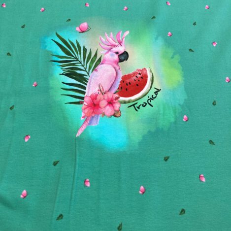 Jersey "Kakadu" grün, Melone, Hibiskus, Palme, Schmetterlinge, Ökotex 100