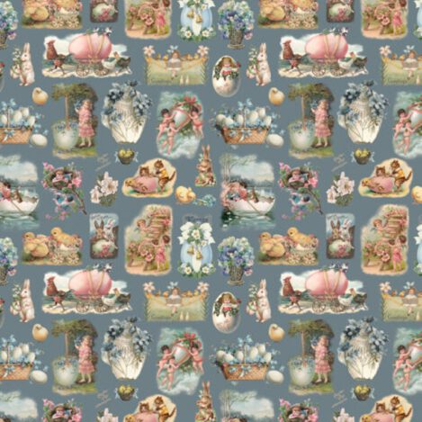 Baumwolle "Willow 801", graublau, Hase, Ei, Poesiealbum, Glanzbilder, Hühner, Engel