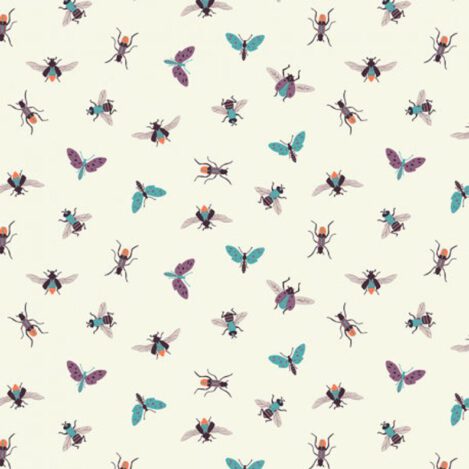 Baumwolle "Bugs 301", weiß, türkis, Fliegen, Käfer, Motten, Ökotex 100, C301