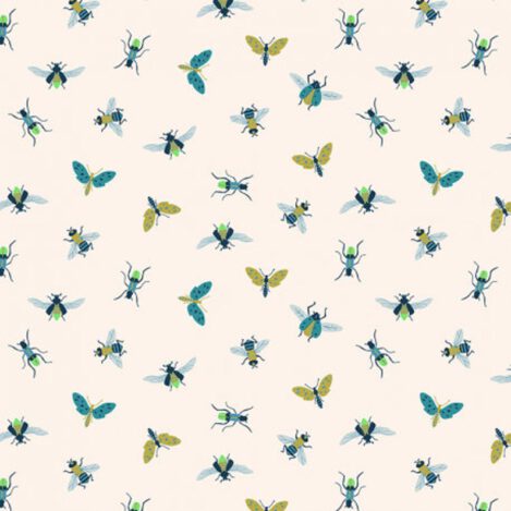 Baumwolle "Bugs", rosa, türkis, Fliegen, Käfer, Motten, Ökotex 100, C-601