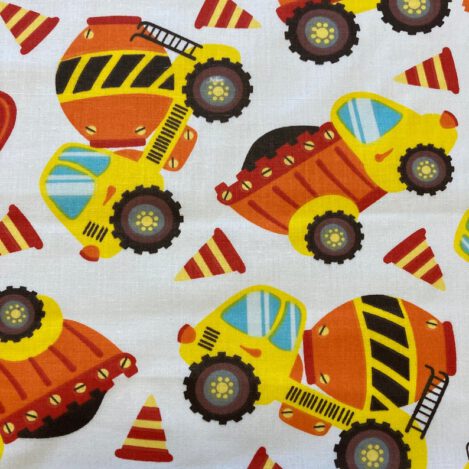 Baumwolle "Betonmischer", bunt auf weiß, Baufahrzeug, Baustelle, Mischer, Dekostoff, Ökotex 100