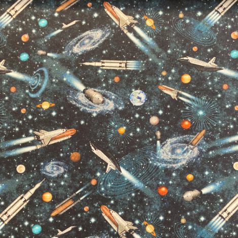 Baumwolle "Kosmos", blau, Rakete, Spaceshuttle, Planet, Mond,  Kim von Swafing