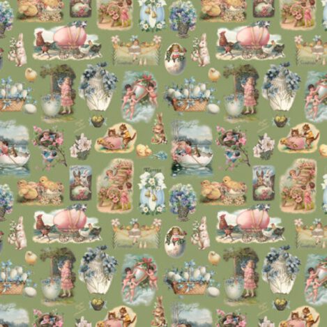 Baumwolle "Willow 701", grün, Hase, Ei, Poesiealbum, Glanzbilder, Hühner, Engel