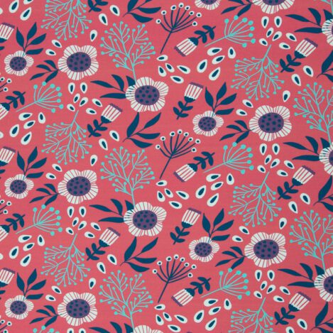 Jersey "Boho Glow" rot, von jolijou, Blumen, Blüten, Dolden, Ökotex 100. Elastischer Stoff für T-Shirts und weich fallende Kleider.