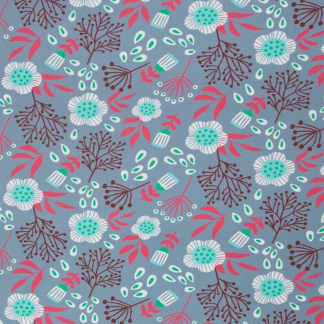 Jersey "Boho Glow" grau, von jolijou, Blumen, Blüten, Dolden, Ökotex 100. Elastischer Stoff für T-Shirts und weich fallende Kleider.