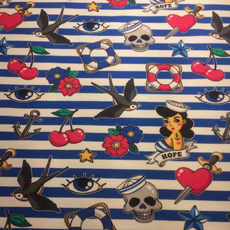 French Terry "Hope", blau-weiß gestreift, Seemannsliebe, Schwalbe, Rettungsring, Skull, 210gr/m