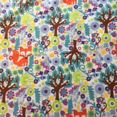 Baumwolle "Fuchs im Wald", weiß, Fox, Bäume, Pflanzen, Blumen, 100% Baumwolle