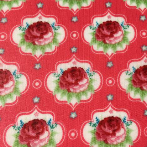 Wachstuch "Rosenresli", Rosen auf rot, beschichtete Baumwolle, Tischdecke, Badetasche, Innenfutter, Kosmetiktäschchen