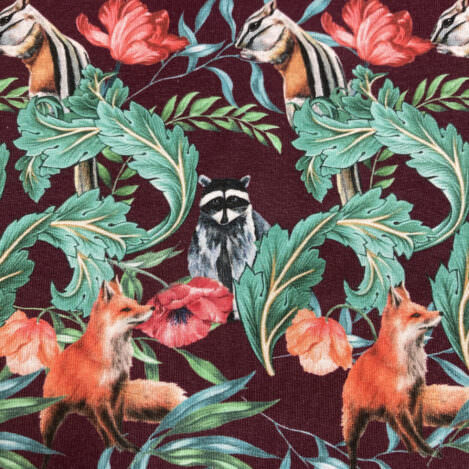 Jersey "Streifenhörnchen, Fuchs und Waschbär", braun, Wildtiere,  Ökotex 100