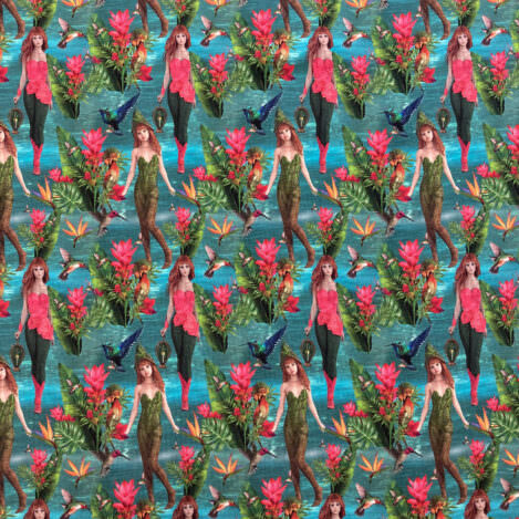 Jersey "Wasser Wald Nymphe" blau, Elfe, Kolibri, Strelitzie, Papageienblume, Ökotex 100