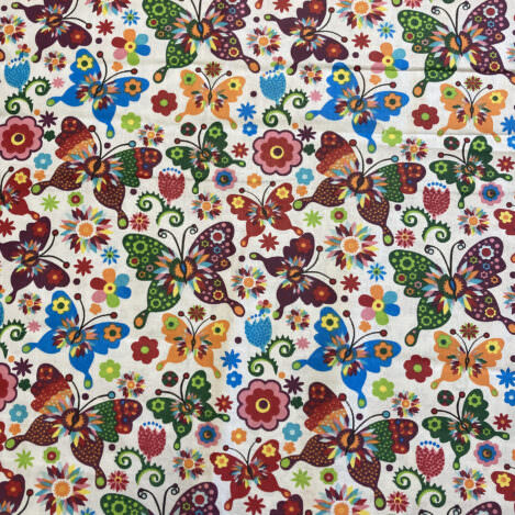 Baumwolle "Schmetterlinge", bunt auf weiß, Butterfly, Papillon, Dekostoff, Blumen, Blumenwiese, Ökotex 100