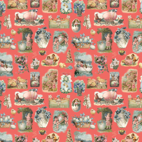 Baumwolle "Willow 401", rot, Hase, Ei, Poesiealbum, Glanzbilder, Hühner, Engel