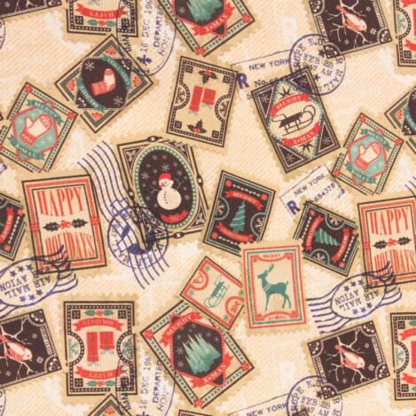 Baumwolle "Dasher 101", beige, Briefmarke, Schneemann, Schlitten, Winterwald, Socke, Nikolausstiefel, 100% Baumwolle, Ökotex 100