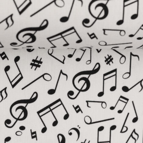 Baumwolle "Noten", weiß, schwarz. Festgewebte Baumwolle für Kleidung, Taschen, Bucheinbände, Patchwork, Quilt. Ökotex 100