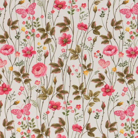 Jersey "Henry", geblümt, weiß, Schmetterlinge und Blumen, elastischer Stoff für Kleider, T-Shirts, Hosen und Röcke.