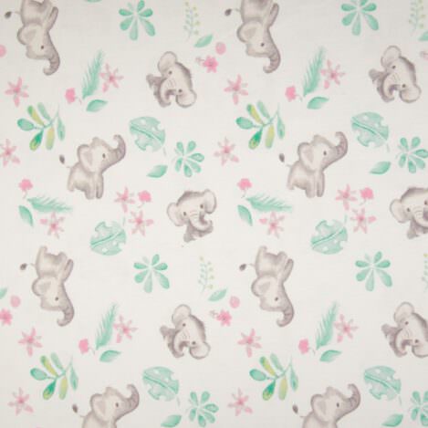 Jersey "Elephants" white, feiner elastischer Stoff für Kinderbekleidung, Elefant, Baby, Strampler, Kleid, Mitwachshose.