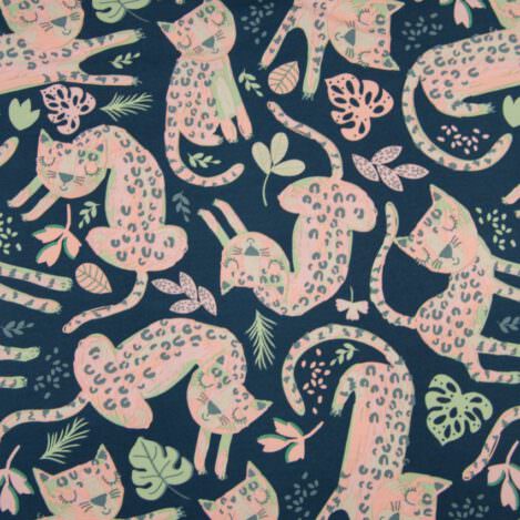 French Terry "Leopard Navy", Leopard, Katze, Sommersweat für Bekleidung aus dehnbaren Stoffen wie Kleider, Hosen, Sweatshirts und Hoodies.