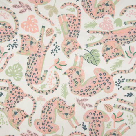 French Terry "Leopard Weiß", Leopard, Katze, Sommersweat für Bekleidung aus dehnbaren Stoffen wie Kleider, Hosen, Sweatshirts und Hoodies.