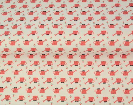 Jersey "Rote Gießkanne", weiß, Garten, Blumen, Tulpen, Ökotex 100. Elastischer Stoff für T-Shirts, Kleider und Hosen.