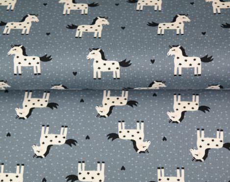 Jersey "Kleine Einhörner", blau, Ökotex 100. Elastischer Stoff für T-Shirts, Kleider und Hosen.