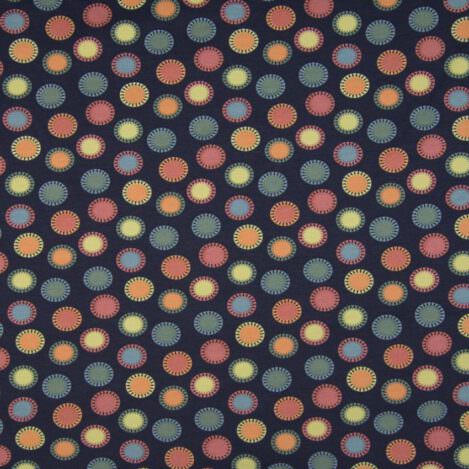 Jersey "Fantasy Circles Navy", blau mit bunt, elastischer Stoff für tolle Kleidung für Große und Kleine. Ökotex 100