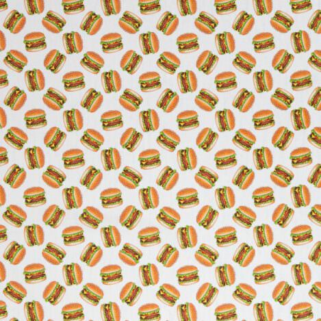 Baumwollstoff "Burger", einfach weiß und bunt. Festgewebte Baumwolle für definitiv außergewöhnliche Kleidung, Taschen, Bucheinbände, Patchwork, Quilt. Ökotex 100. Baumwollstoff.