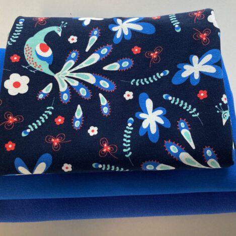 Stoffpaket "Paradiesvogel", 50 cm bunter Jersey, 50 cm uni Jersey, 30 cm uni Bündchen für kleine Höschen, T-Shirts, Leggins, Kleidchen und viele andere Nähideen