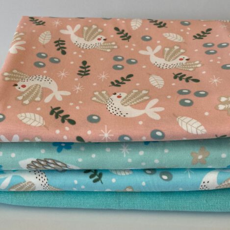 Stoffpaket "Vögelchen", 3 x 50 cm bunter Jersey, 30 cm uni Bündchen für kleine Höschen, T-Shirts, Leggins, Kleidchen und viele andere Nähideen
